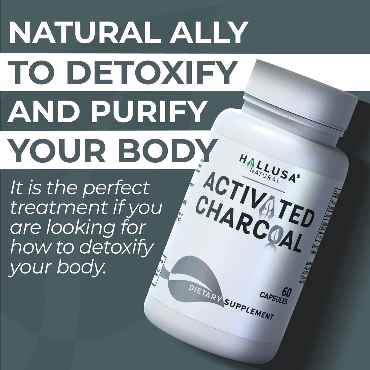 Activated Charcoal 520 mg - Coconut Shells - Natural Supplement Detoxification - Support Digestive Gas & Bloating 60 capsules 30 servings HALLUSA NATURAL