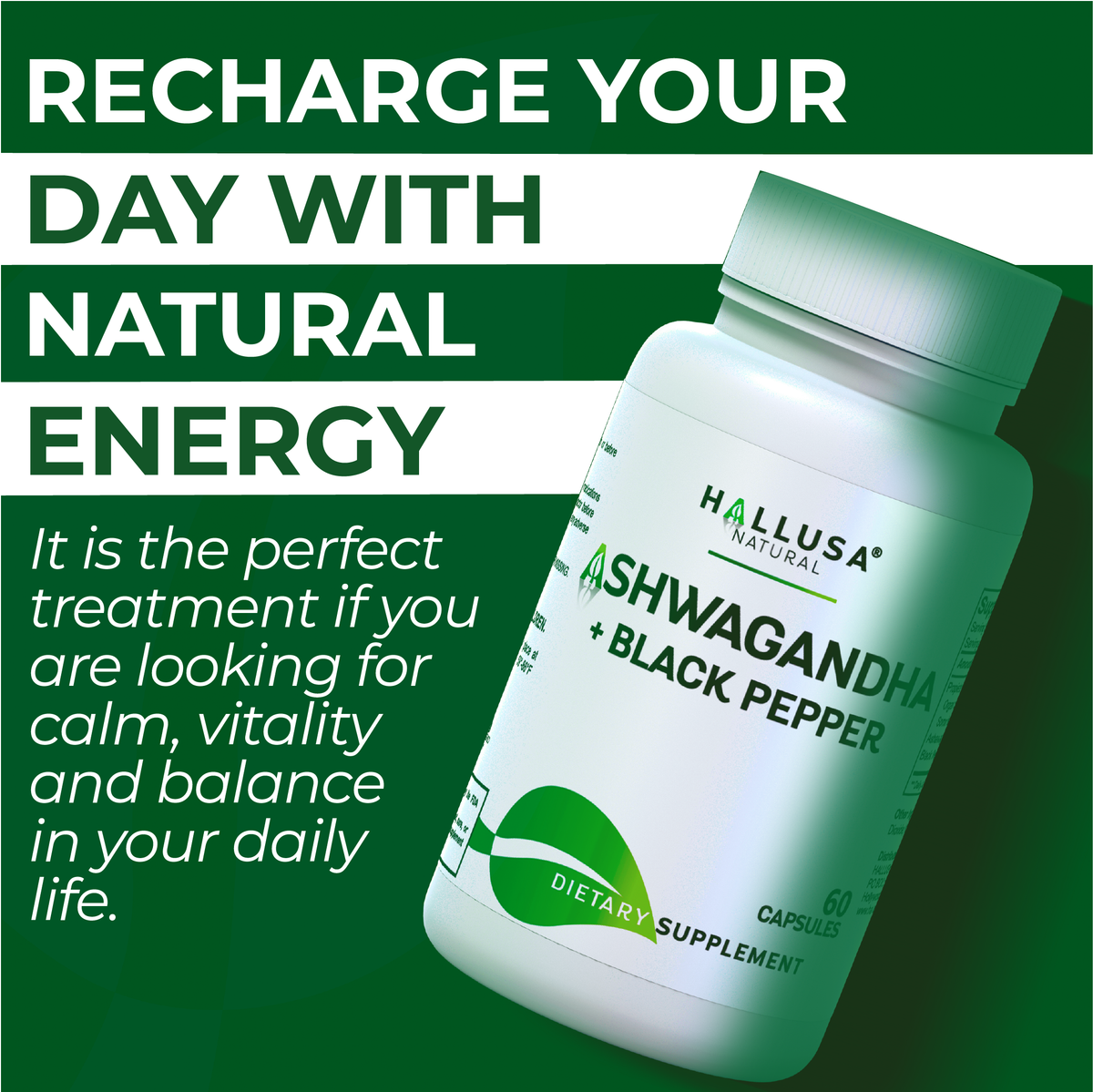 Ashawangdha Organic Supplement 1050 mg+ Black Pepper Extract 60 capsules 20 servings HALLUSA NATURAL