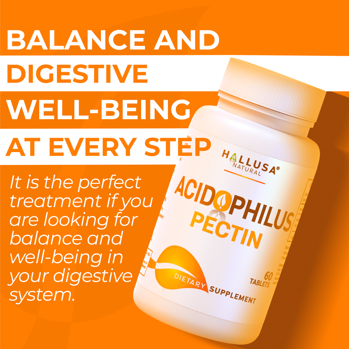 Acidophilus Pectin Probiotic Supplement - Digestive Support 60 Capsules 60 Servings / 450 mg Non-GMO - Gluten free - Wheat free HALLUSA NATURAL