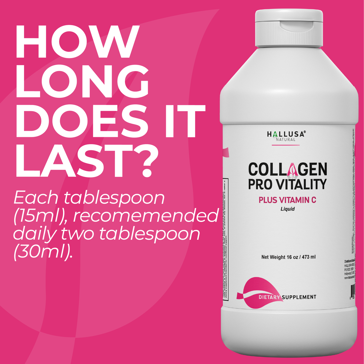 Collagen Supplements with Vitamin C 16 Oz - Collagen Supplement for Women - Multivitamins for Skin - HALLUSA NATURAL