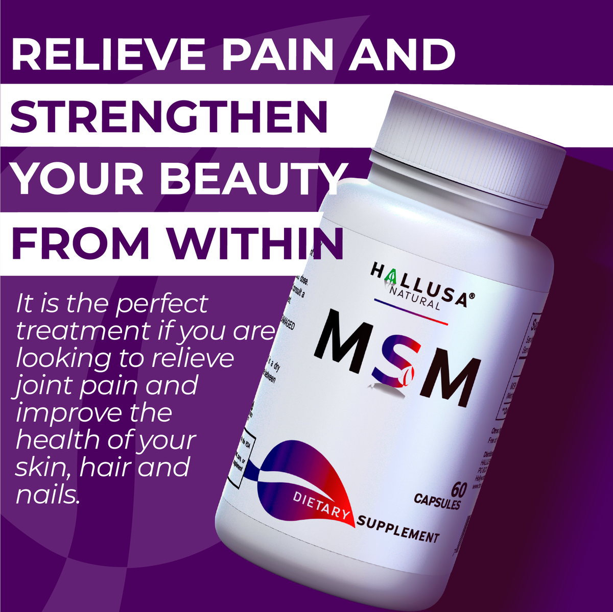 MSM 1000 MG - Pure MSM - Joint Health Support - Supplement for Inflammation - 60 Vegan Capsules - HALLUSA NATURAL