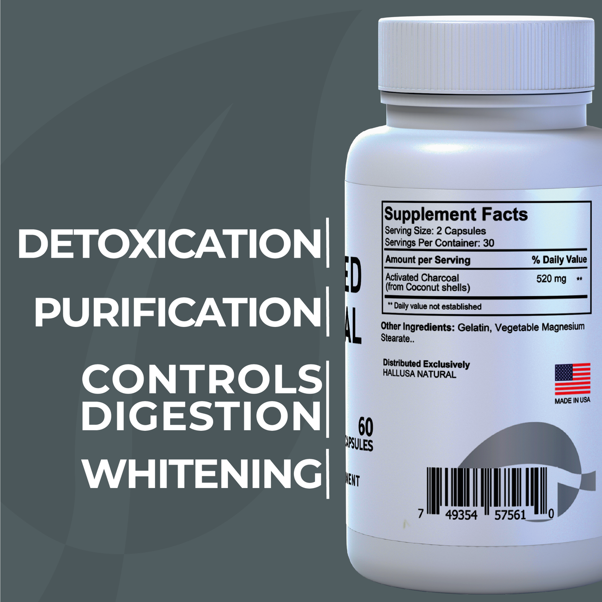 Activated Charcoal 520 mg - Coconut Shells - Natural Supplement Detoxification - Support Digestive Gas & Bloating 60 capsules 30 servings HALLUSA NATURAL