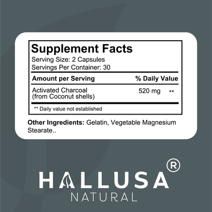 Activated Charcoal 520 mg - Coconut Shells - Natural Supplement Detoxification - Support Digestive Gas & Bloating 60 capsules 30 servings HALLUSA NATURAL