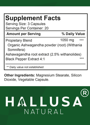Ashawangdha Organic Supplement 1050 mg+ Black Pepper Extract 60 capsules 20 servings HALLUSA NATURAL