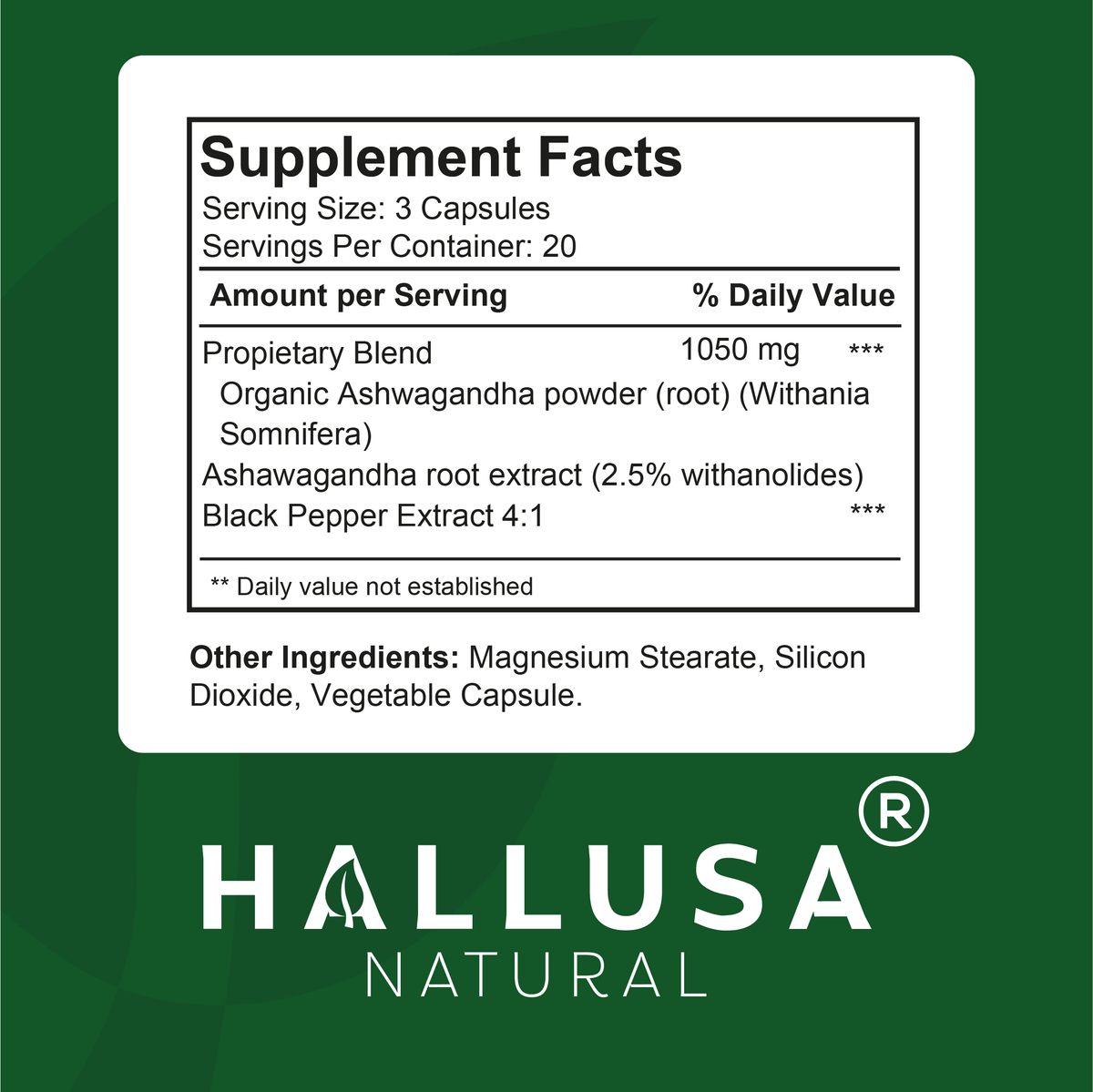 Ashawangdha Organic Supplement 1050 mg+ Black Pepper Extract 60 capsules 20 servings HALLUSA NATURAL