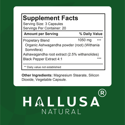 Ashawangdha Organic Supplement 1050 mg+ Black Pepper Extract 60 capsules 20 servings HALLUSA NATURAL