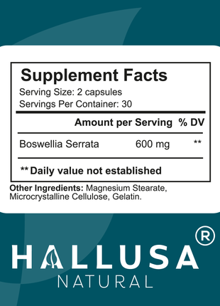 Boswellia Serrata Extract 600 mg - Supplement for Inflammation - Joint Support Supplement - Ayurvedic SupplementS - 60 capsules 30 serving HALLUSA NATURAL