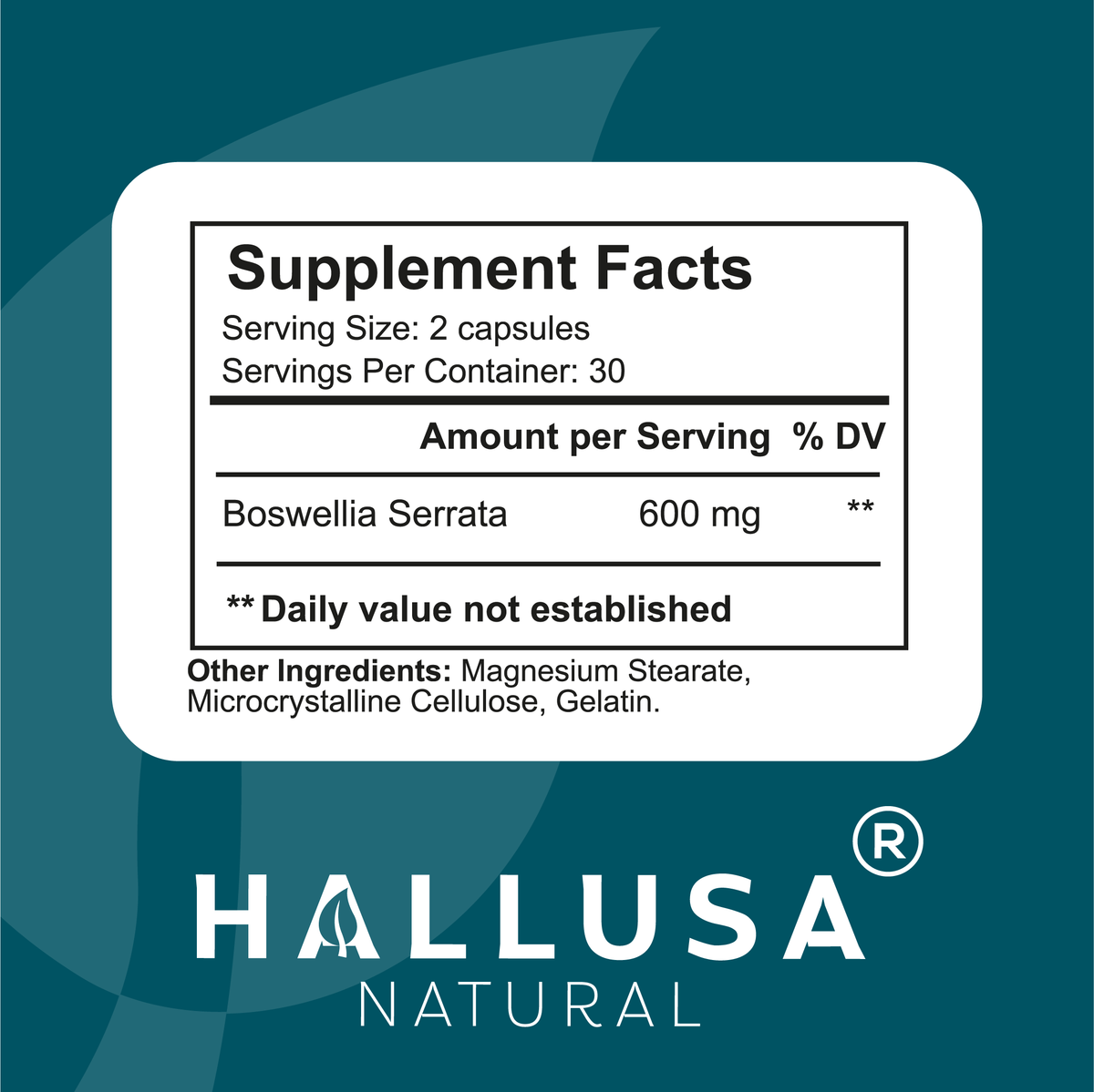 Boswellia Serrata Extract 600 mg - Supplement for Inflammation - Joint Support Supplement - Ayurvedic SupplementS - 60 capsules 30 serving HALLUSA NATURAL