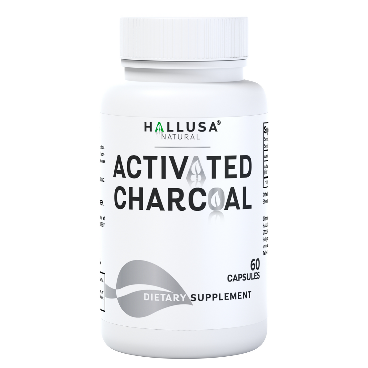 Activated Charcoal 520 mg - Coconut Shells - Natural Supplement Detoxification - Support Digestive Gas & Bloating 60 capsules 30 servings HALLUSA NATURAL