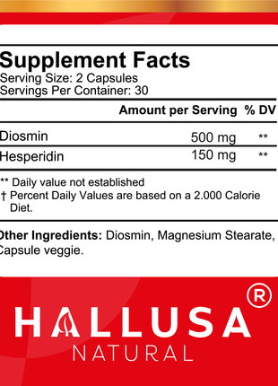Hallosmine Ultra - Diosmin 500 mg Circulation Support + Hesperidin 150 mg - 60 capsules | Non-GMO Vegan & Gluten Free HALLUSA NATURAL