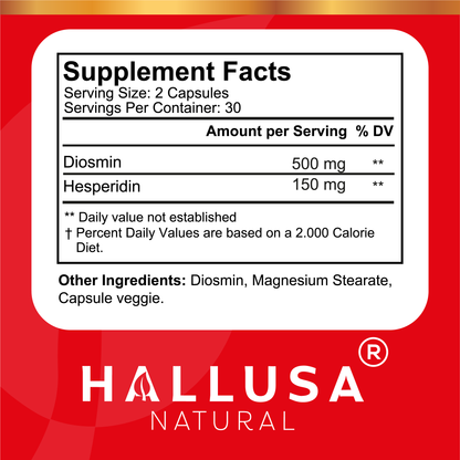 Hallosmine Ultra - Diosmin 500 mg Circulation Support + Hesperidin 150 mg - 60 capsules | Non-GMO Vegan & Gluten Free HALLUSA NATURAL