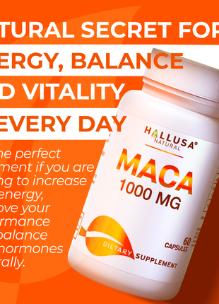 MACA 1000 MG - Lepidium Meyenii - Organic Maca Root - High Potency Extract for Men and Women - 60 Vegan Capsules - Supports Reproductive Health - Support Supplement - HALLUSA NATURAL