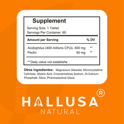 Acidophilus Pectin Probiotic Supplement - Digestive Support 60 Capsules 60 Servings / 450 mg Non-GMO - Gluten free - Wheat free HALLUSA NATURAL