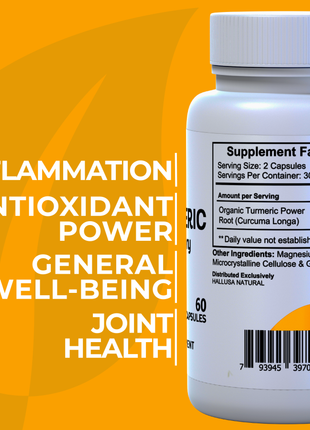 HallTurmeric Organic turmeric- Curcumin- Anti-Inflammatory 60 capsules 30 Servings / 500 mg - Antioxidant - Promotes Overall Health HALLUSA NATURAL