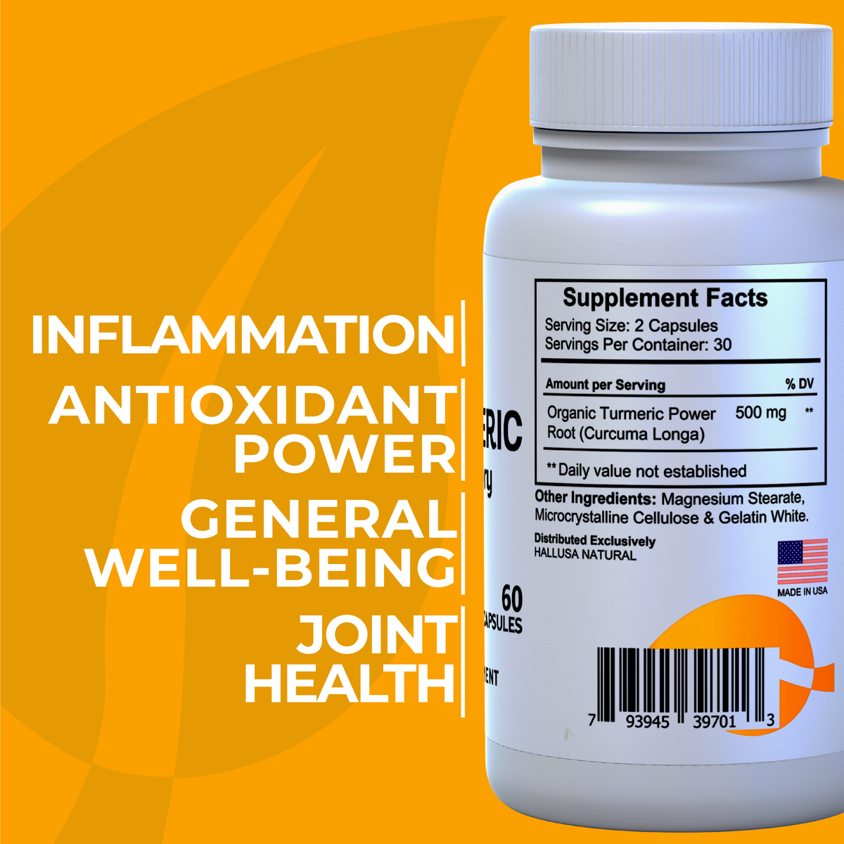 HallTurmeric Organic turmeric- Curcumin- Anti-Inflammatory 60 capsules 30 Servings / 500 mg - Antioxidant - Promotes Overall Health HALLUSA NATURAL
