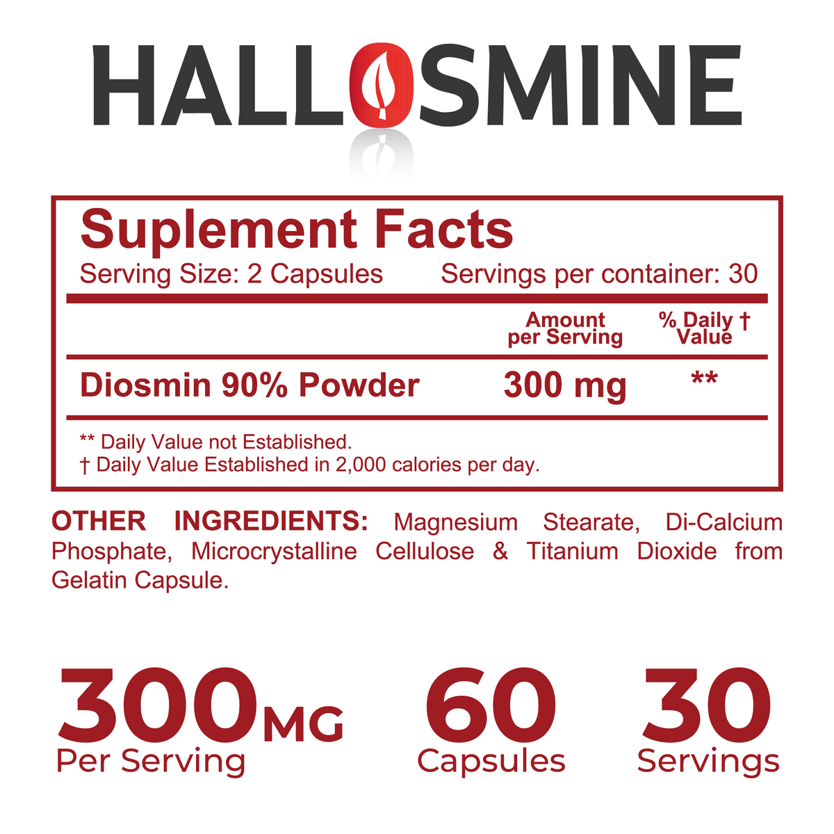HALLOSMINE 300 mg - Diosmin circulation support - Supplement 60 capsules - Non-GMO Vegan & Gluten Free HALLUSA NATURAL