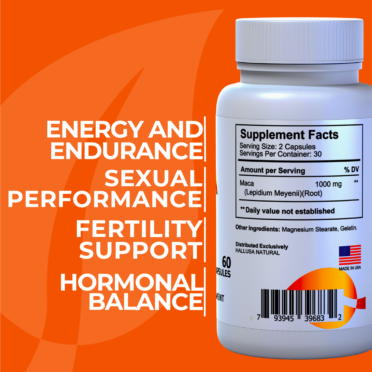 MACA 1000 MG - Lepidium Meyenii - Organic Maca Root - High Potency Extract for Men and Women - 60 Vegan Capsules - Supports Reproductive Health - Support Supplement - HALLUSA NATURAL