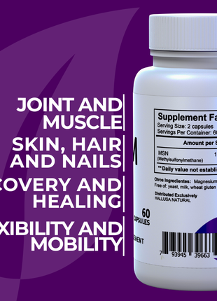MSM 1000 MG - Pure MSM - Joint Health Support - Supplement for Inflammation - 60 Vegan Capsules - HALLUSA NATURAL