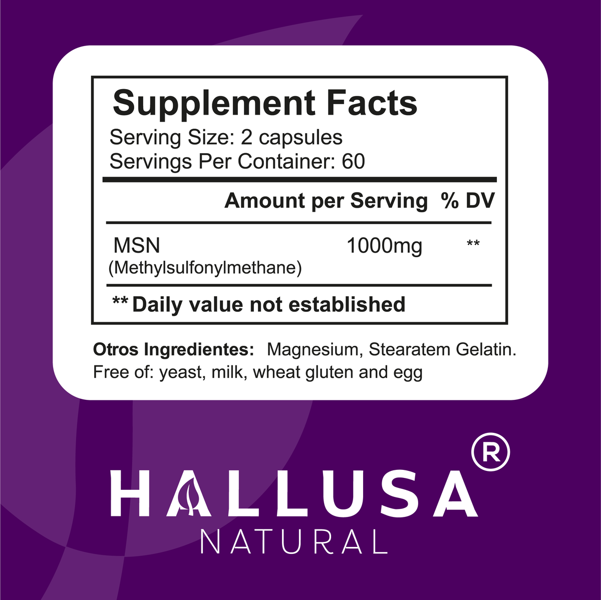 MSM 1000 MG - Pure MSM - Joint Health Support - Supplement for Inflammation - 60 Vegan Capsules - HALLUSA NATURAL