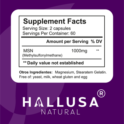 MSM 1000 MG - Pure MSM - Joint Health Support - Supplement for Inflammation - 60 Vegan Capsules - HALLUSA NATURAL