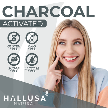 Activated Charcoal 520 mg - Coconut Shells - Natural Supplement Detoxification - Support Digestive Gas & Bloating 60 capsules 30 servings HALLUSA NATURAL