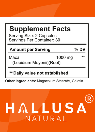 MACA 1000 MG - Lepidium Meyenii - Organic Maca Root - High Potency Extract for Men and Women - 60 Vegan Capsules - Supports Reproductive Health - Support Supplement - HALLUSA NATURAL