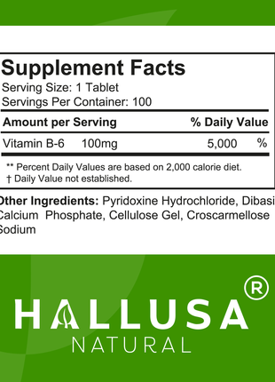 HallVitamin B6 - Vitamin B6 100 mg Essential Energy Supplement & 100 Tablets 100 servings HALLUSA NATURAL