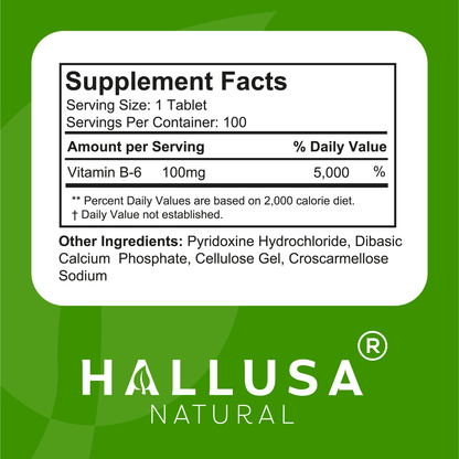 HallVitamin B6 - Vitamin B6 100 mg Essential Energy Supplement & 100 Tablets 100 servings HALLUSA NATURAL