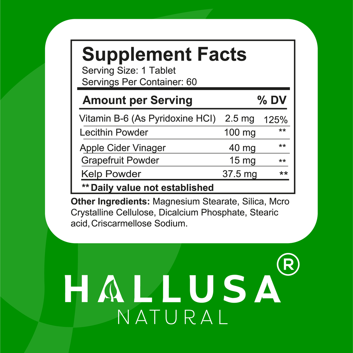 KLB6 - Apple Cider Vinegar - 60 Tablets - Natural Supplement - Support Supplement - Friendly Vegan - Gluten Free - Sugar Free - Non-GMO - HALLUSA NATURAL