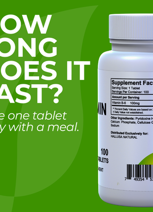 HallVitamin B6 - Vitamin B6 100 mg Essential Energy Supplement & 100 Tablets 100 servings HALLUSA NATURAL