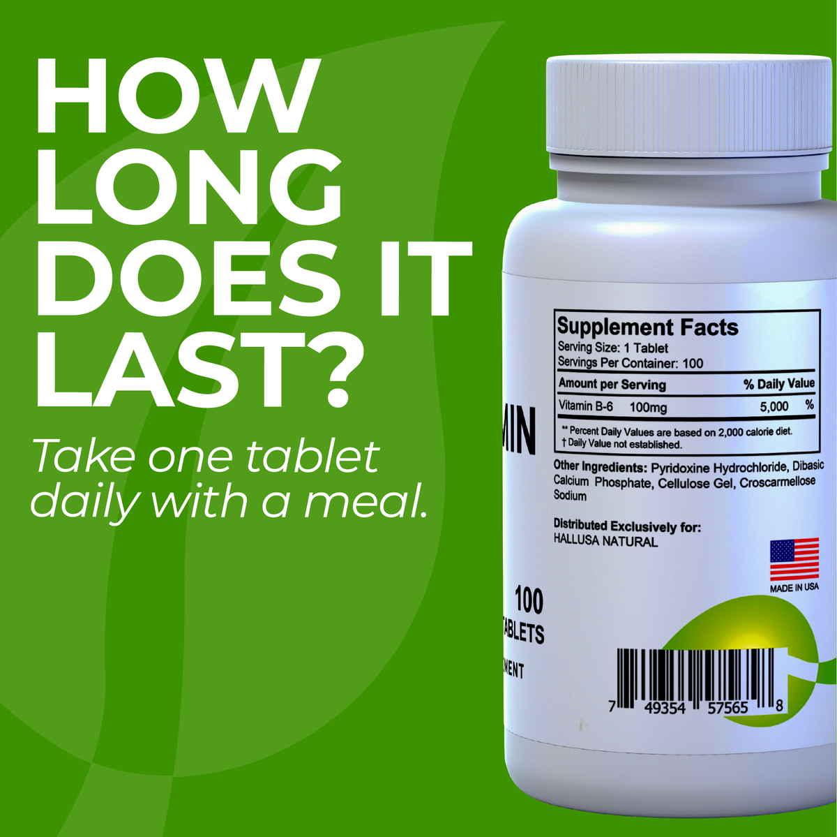 HallVitamin B6 - Vitamin B6 100 mg Essential Energy Supplement & 100 Tablets 100 servings HALLUSA NATURAL