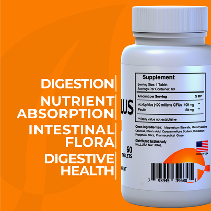 Acidophilus Pectin Probiotic Supplement - Digestive Support 60 Capsules 60 Servings / 450 mg Non-GMO - Gluten free - Wheat free HALLUSA NATURAL