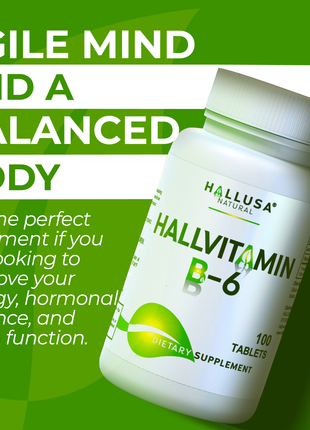 HallVitamin B6 - Vitamin B6 100 mg Essential Energy Supplement & 100 Tablets 100 servings HALLUSA NATURAL